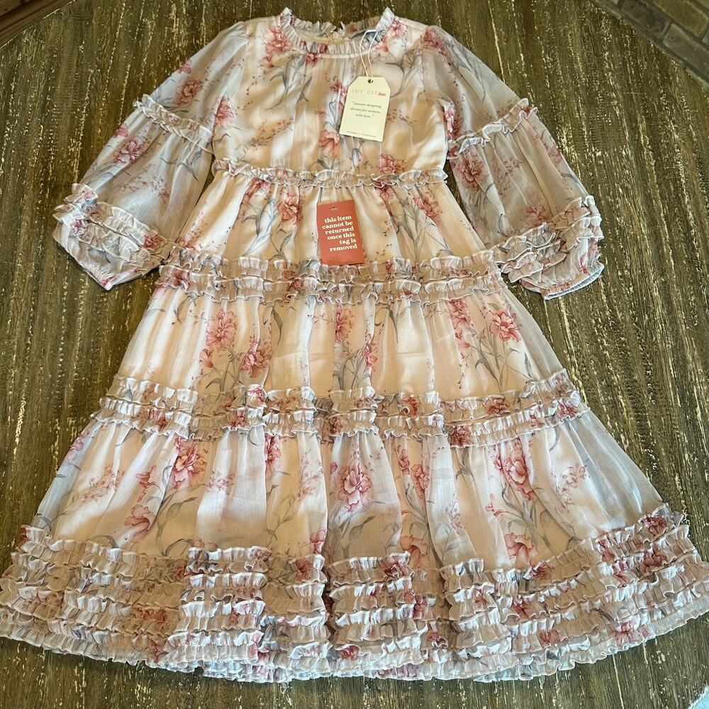 NWT Ivy City Co. Floral Long Sleeve Ruffle Dress Pink Cream Girls Size 8T